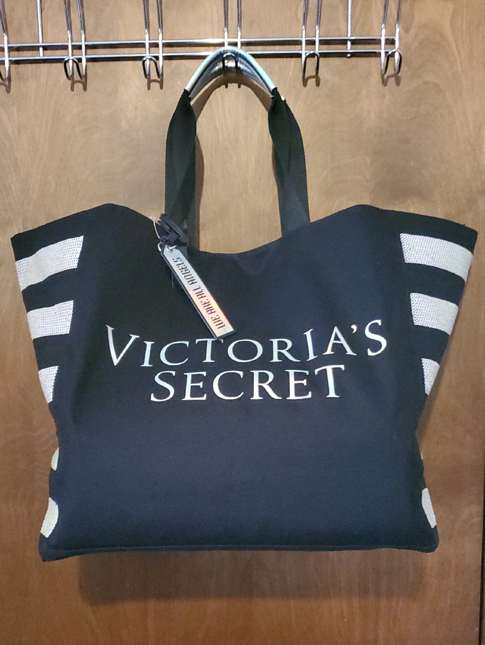 Victoria's Secret Black Tote with Iridescent Logo and Stripe Accents